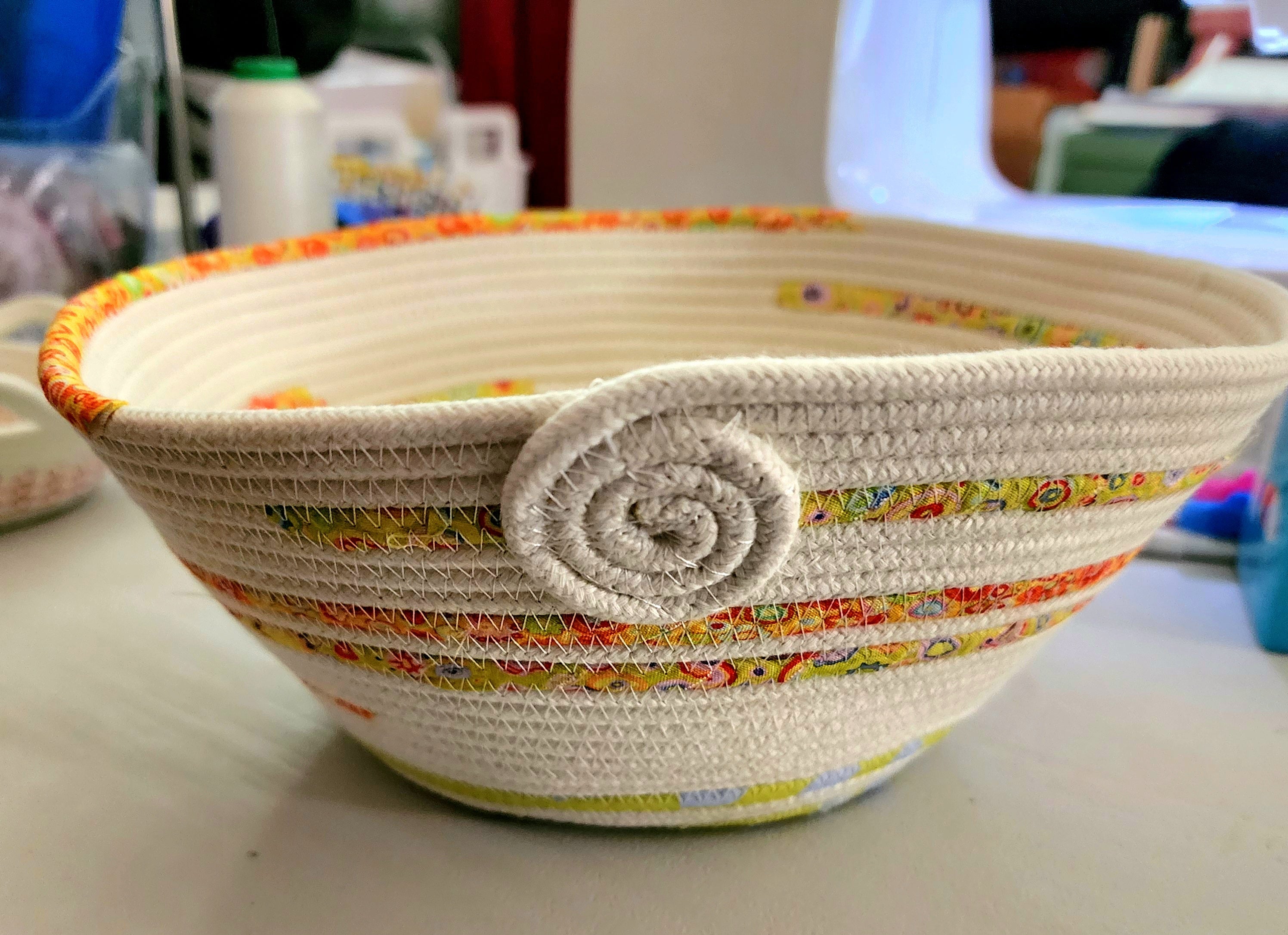 rope bowl, woven with fabrics and sewn on a domestic machine