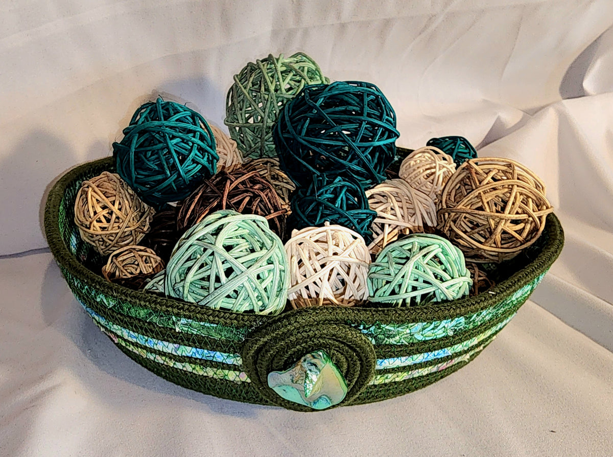 Rope Bowl: Green and Jewel Tones Coiled Rope hand wrapped fabric,  Home Decor