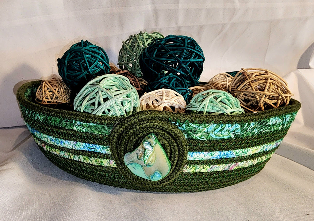 Rope Bowl: Green and Jewel Tones Coiled Rope hand wrapped fabric,  Home Decor