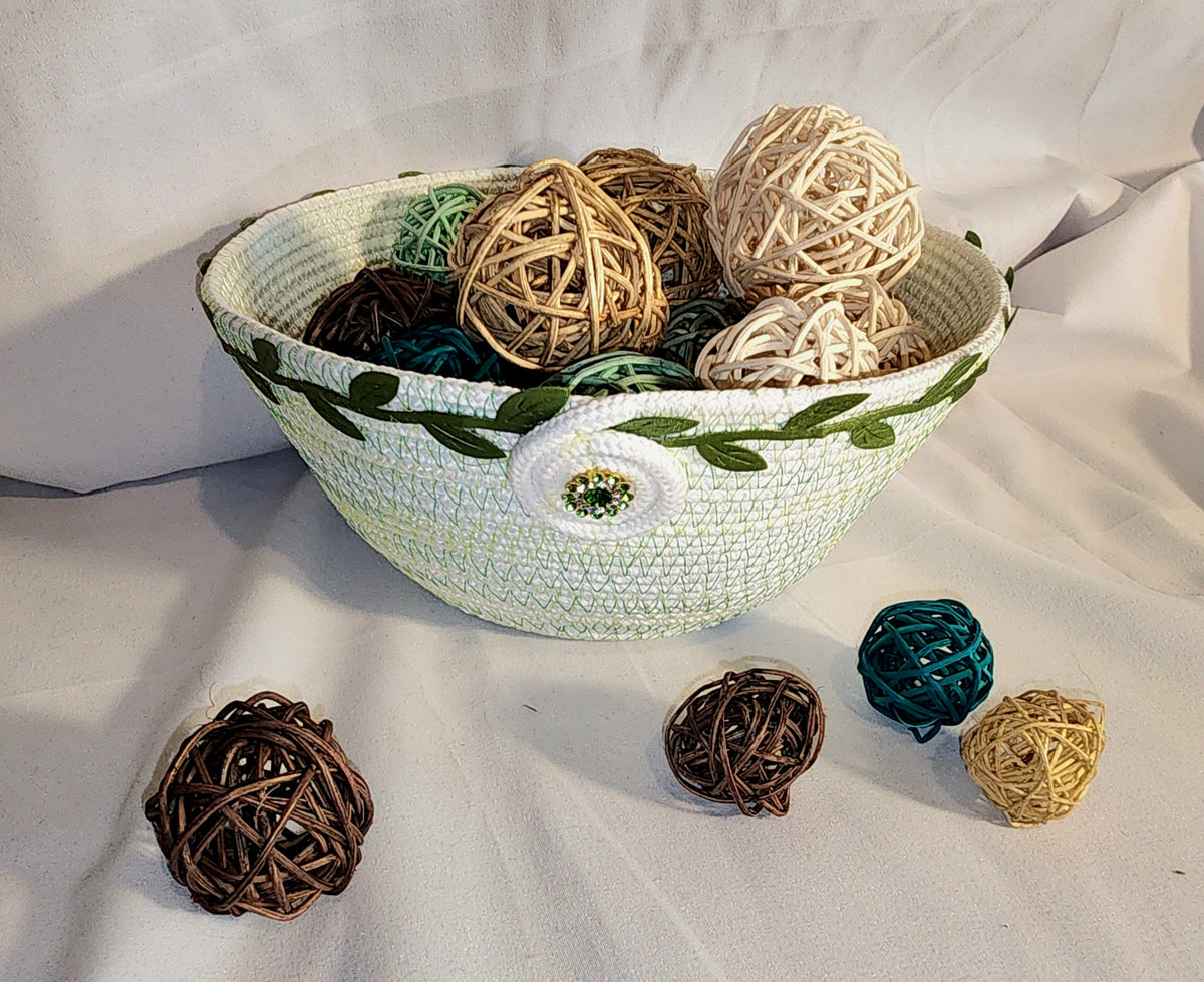 Rope Bowl: White Ivy – Handcrafted Fiber Art Bowl, White with Ivy Fabric Accent, Coiled Cotton Rope, Home Decor