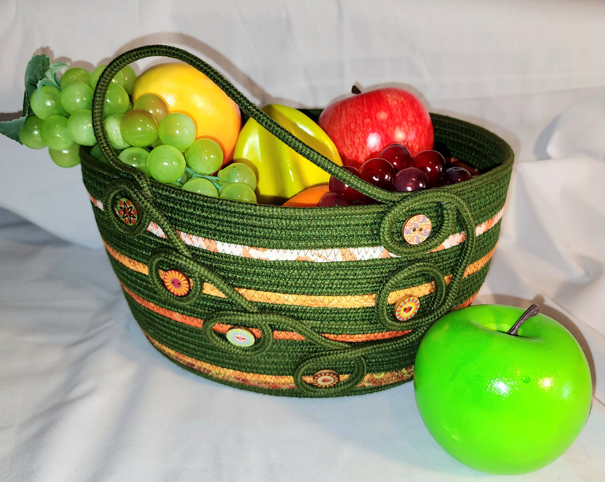 Rope Bowl: Green and Orange Coiled Cotton Rope  With Wood Button Accents, Home Decor