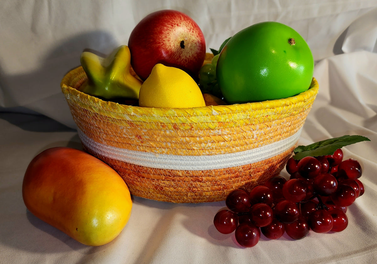 Rope Bowl: Yellow and Orange Flower Coiled Cotton Rope, Home Decor