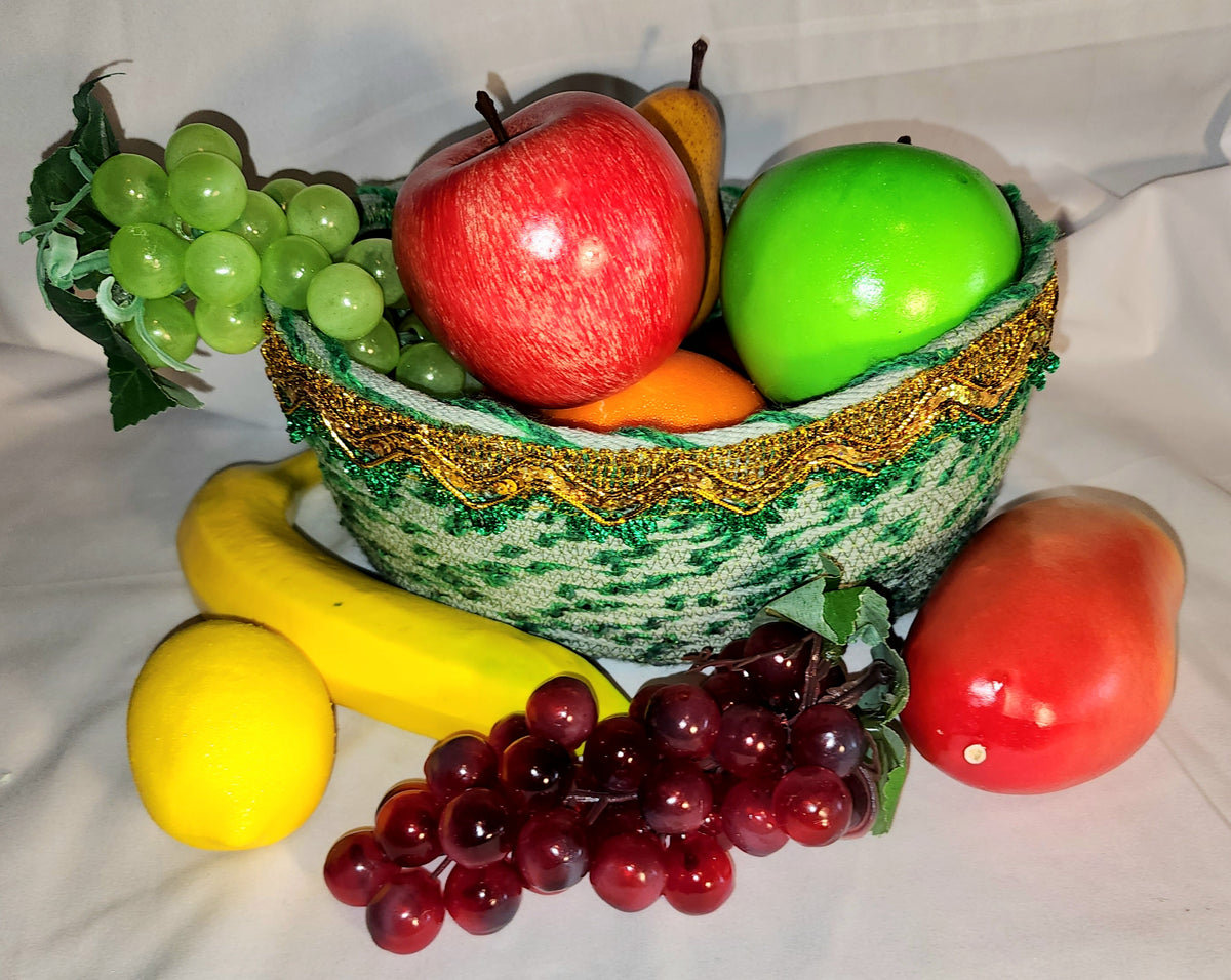 Rope Bowls: Green Bowl with Gold Trim  Handcrafted Fiber Art Bowl,  Fabric Accent, Coiled Cotton Rope, Home Decor