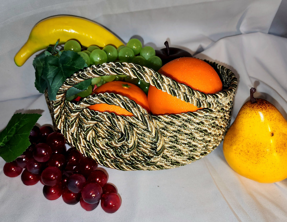 Rope Bowl: Metallic Green and Gold Coiled Rope, Holiday Edition, Home Decor