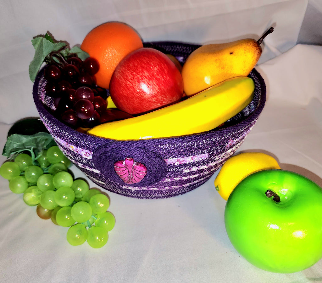 Rope Bowl: Purple Flower Coiled Cotton Rope, Home Decor