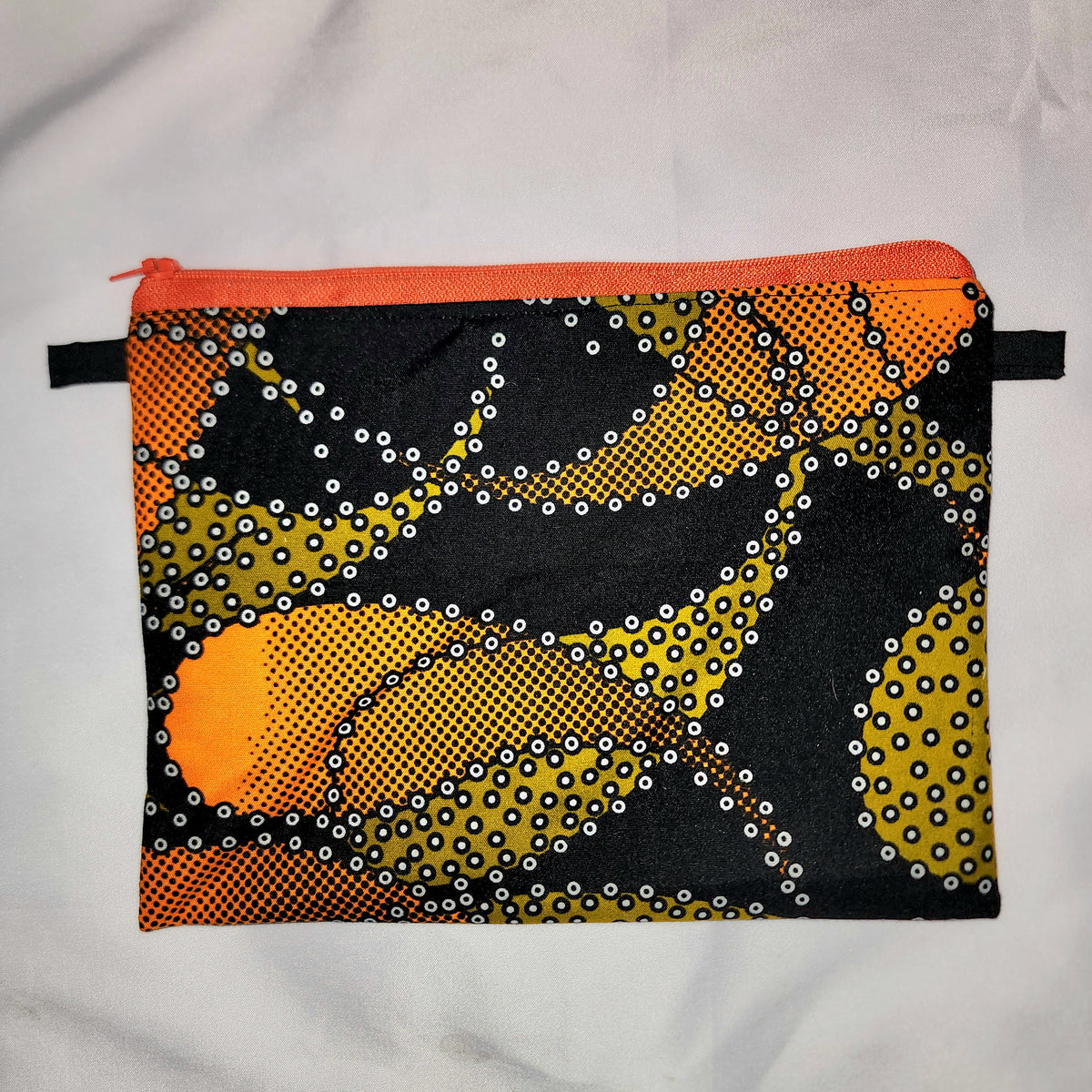 Pouches: African Block Print, Black, Orange and Gold Tadpole. Zipper Pouch, Fully Lined.  For Travel, Makeup, Toiletries, Crafting