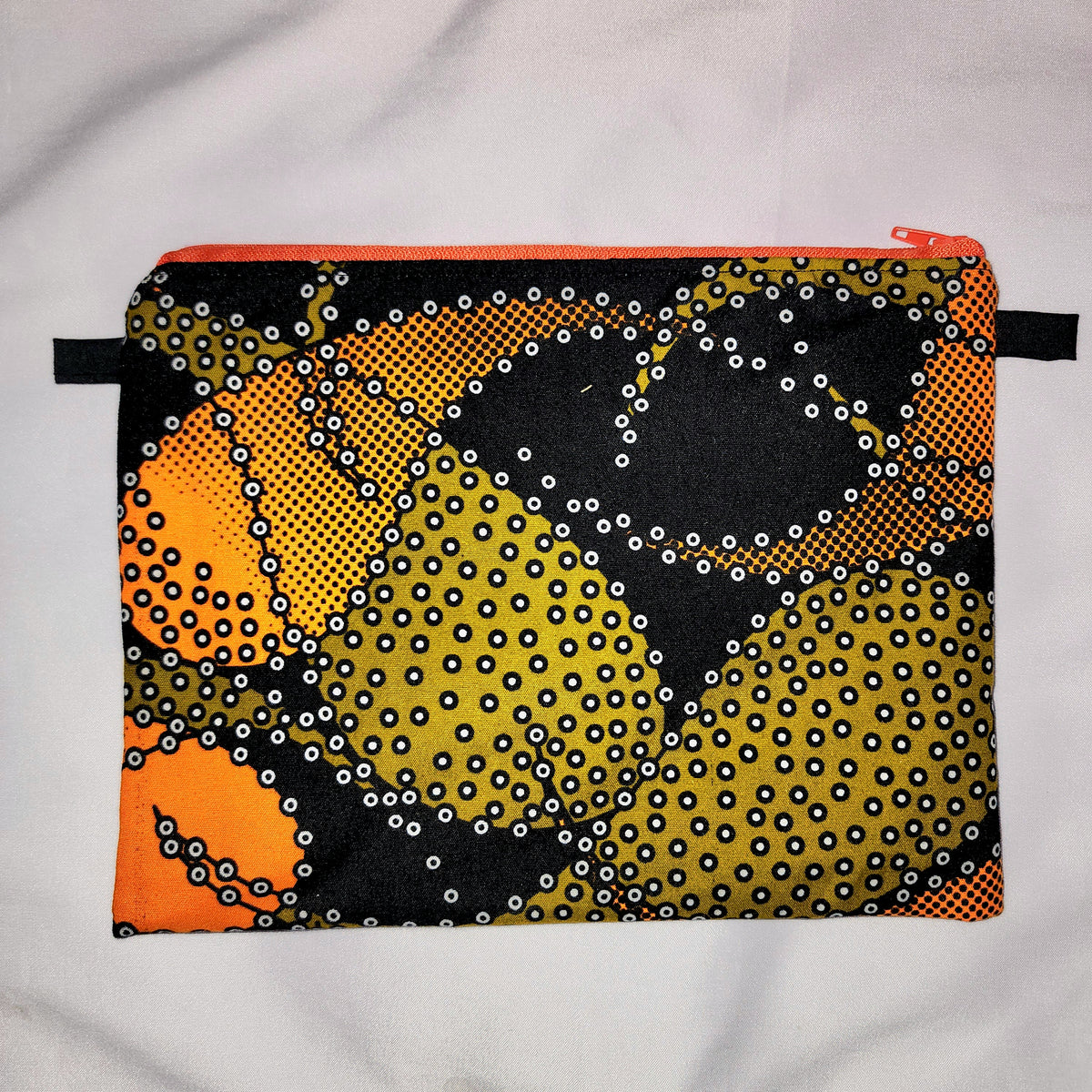 Pouches: African Block Print, Black, Orange and Gold Tadpole. Zipper Pouch, Fully Lined.  For Travel, Makeup, Toiletries, Crafting
