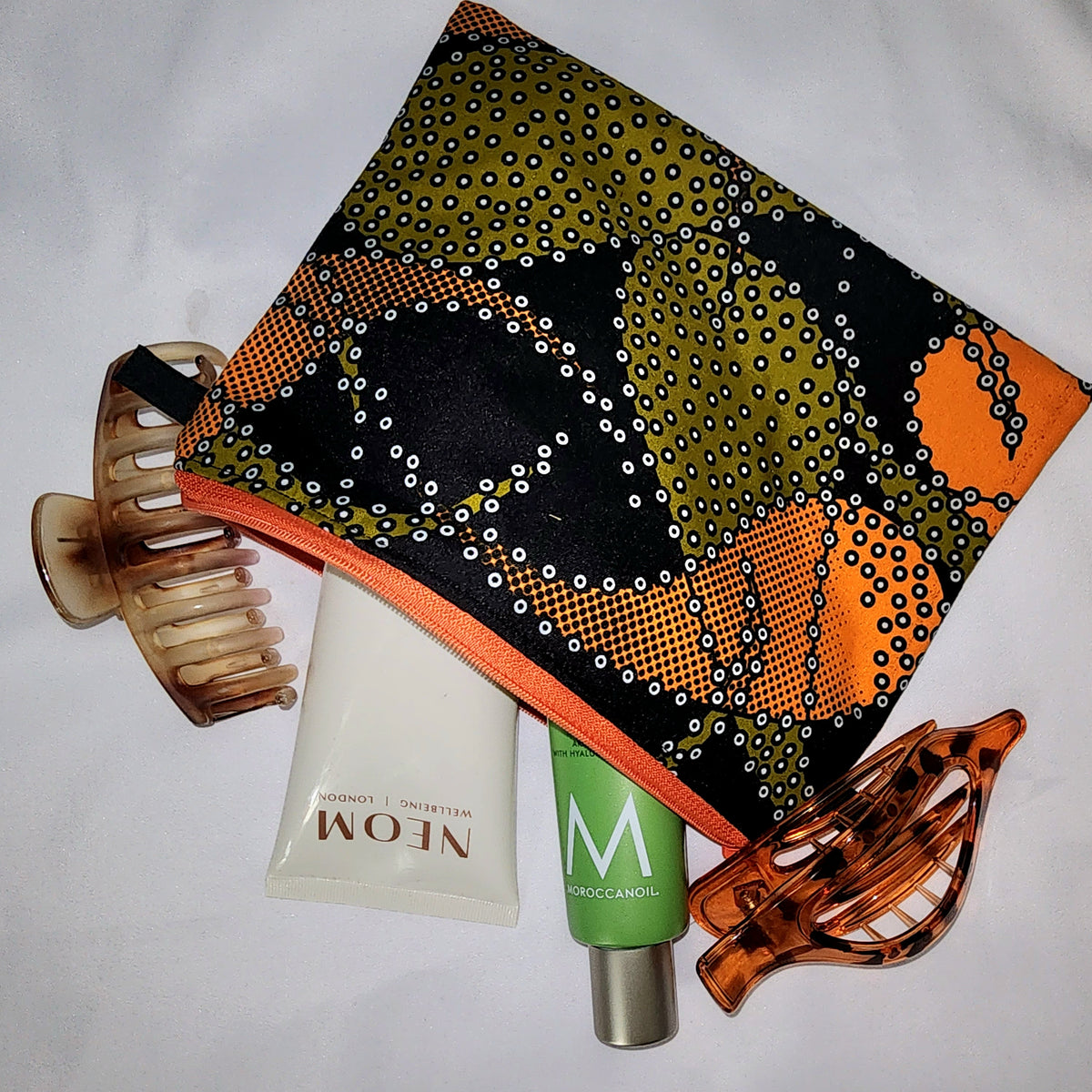 Pouches: African Block Print, Black, Orange and Gold Tadpole. Zipper Pouch, Fully Lined.  For Travel, Makeup, Toiletries, Crafting