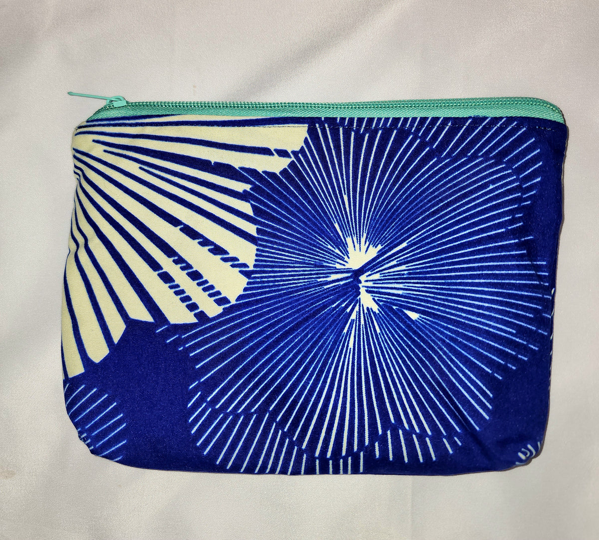 Pouches: African Block Print, Blue and Cream Flower (m). Zipper Pouch, Fully Lined. No Tabs.  For Travel, Makeup, Toiletries, Crafting