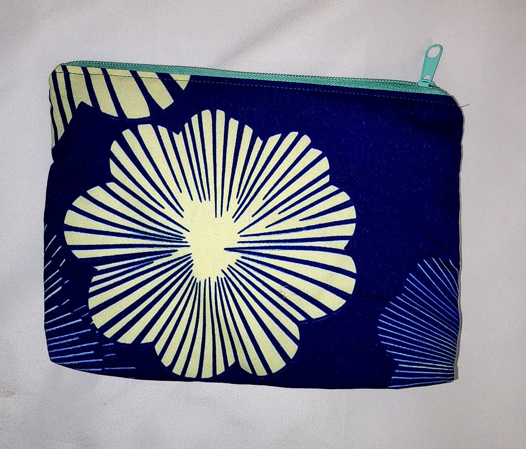 Pouches: African Block Print, Blue and Cream Flower (m). Zipper Pouch, Fully Lined. No Tabs.  For Travel, Makeup, Toiletries, Crafting