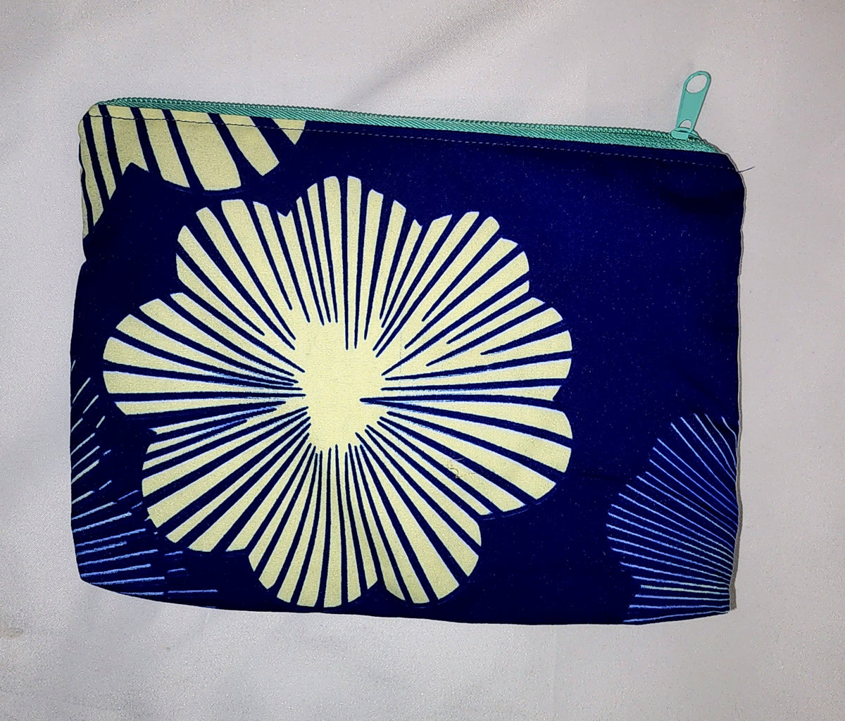 Pouches: African Block Print, Blue and Cream Flower (m). Zipper Pouch, Fully Lined. No Tabs.  For Travel, Makeup, Toiletries, Crafting