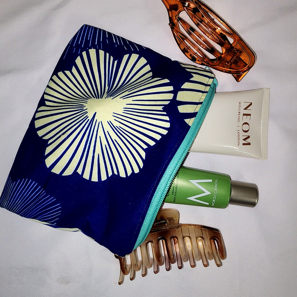 Pouches: African Block Print, Blue and Cream Flower (m). Zipper Pouch, Fully Lined. No Tabs.  For Travel, Makeup, Toiletries, Crafting