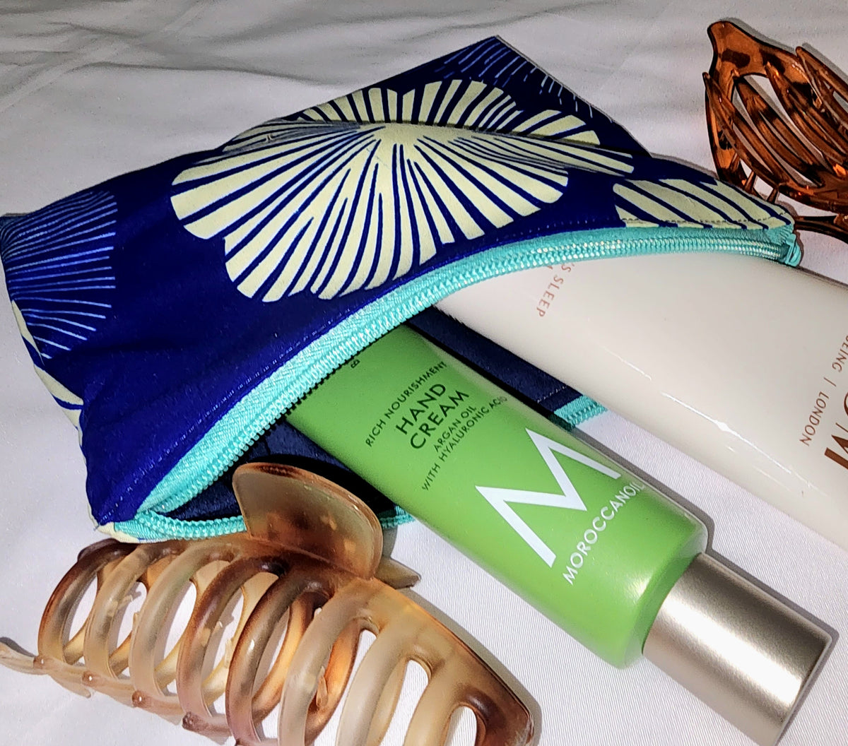 Pouches: African Block Print, Blue and Cream Flower (m). Zipper Pouch, Fully Lined. No Tabs.  For Travel, Makeup, Toiletries, Crafting
