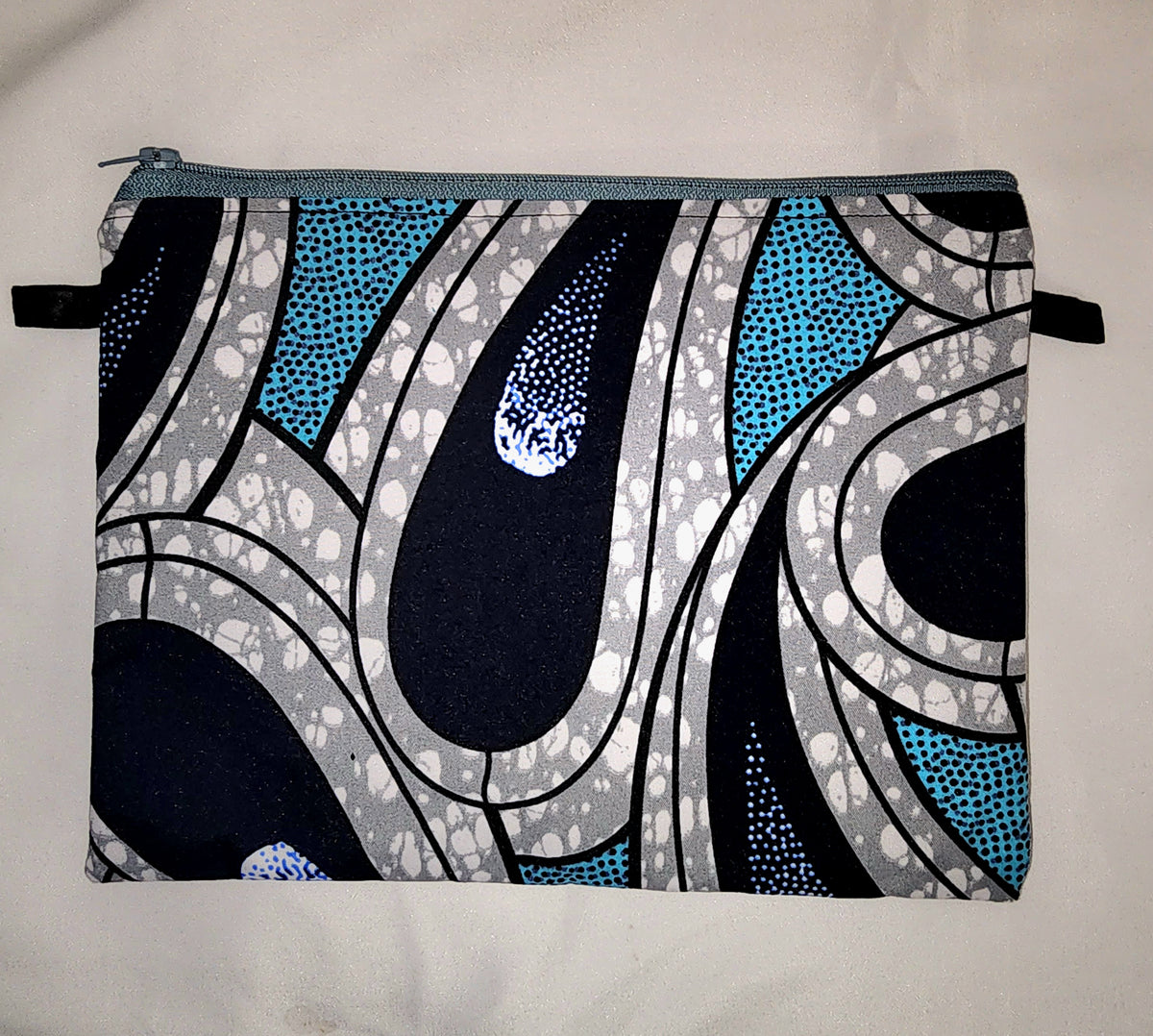 Pouches: African Block Print,  Gray and Blue Water Drop. Zipper Pouch, Fully Lined.  For Travel, Makeup, Toiletries, Crafting