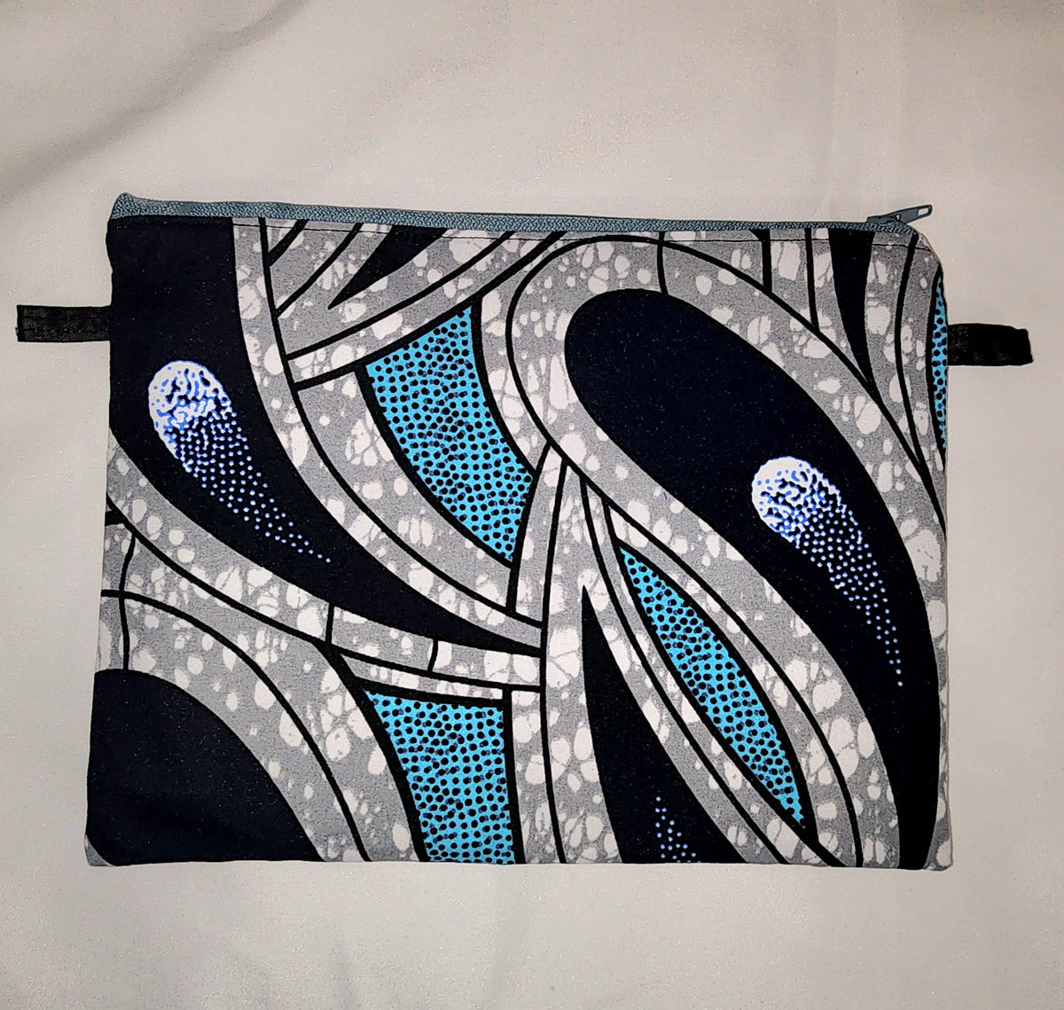 Pouches: African Block Print,  Gray and Blue Water Drop. Zipper Pouch, Fully Lined.  For Travel, Makeup, Toiletries, Crafting