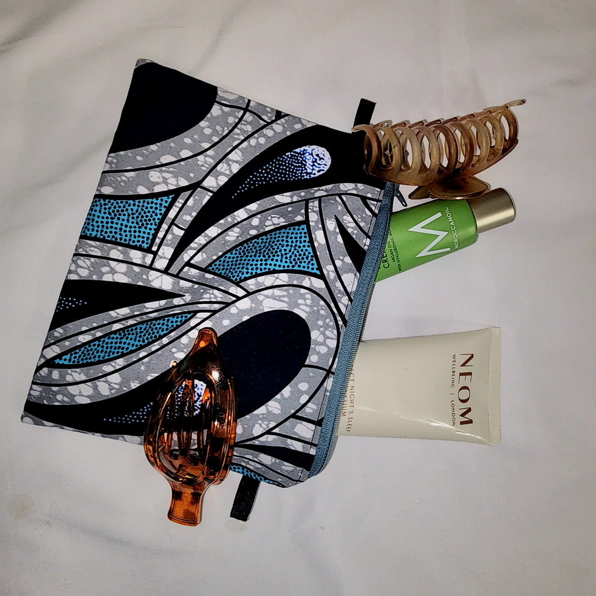 Pouches: African Block Print,  Gray and Blue Water Drop. Zipper Pouch, Fully Lined.  For Travel, Makeup, Toiletries, Crafting