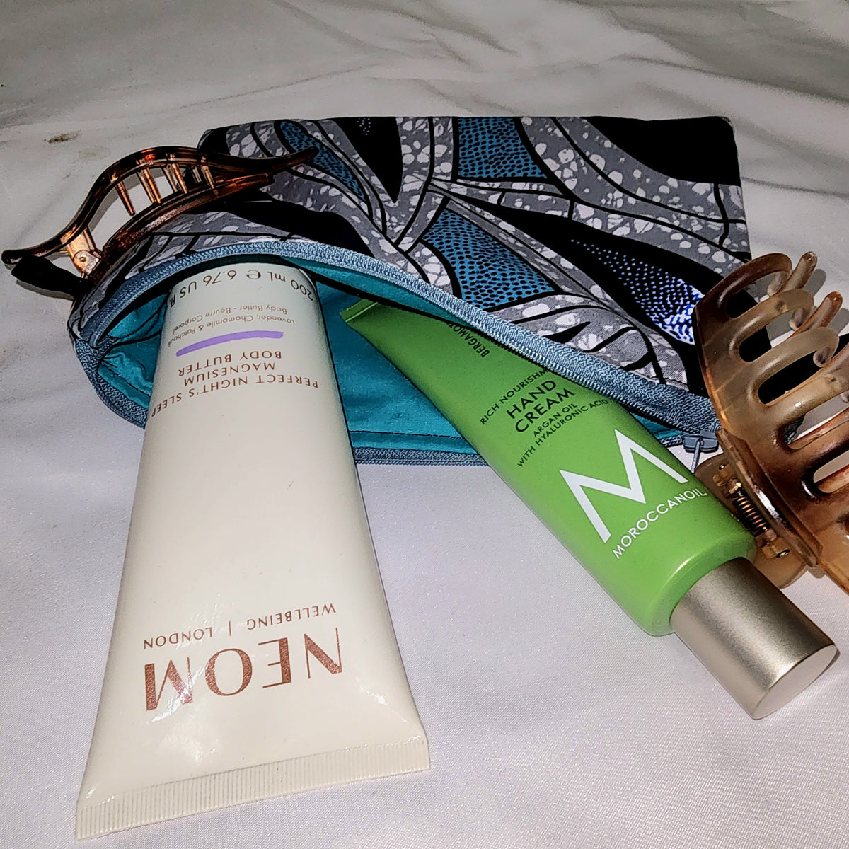 Pouches: African Block Print,  Gray and Blue Water Drop. Zipper Pouch, Fully Lined.  For Travel, Makeup, Toiletries, Crafting