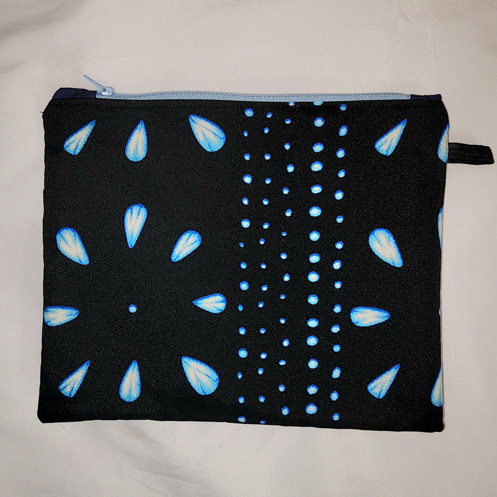 Pouches: African Block Print,  Blue Petal on Black. Zipper Pouch, Fully Lined.  For Travel, Makeup, Toiletries, Crafting