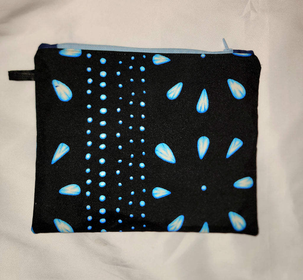 Pouches: African Block Print,  Blue Petal on Black. Zipper Pouch, Fully Lined.  For Travel, Makeup, Toiletries, Crafting