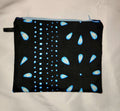 Pouches: African Block Print,  Blue Petal on Black. Zipper Pouch, Fully Lined.  For Travel, Makeup, Toiletries, Crafting
