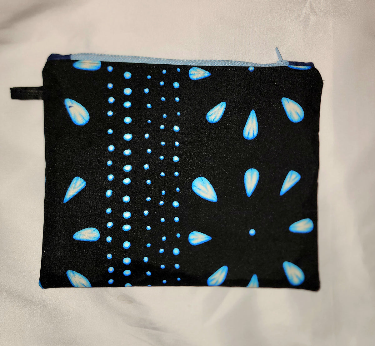 Pouches: African Block Print,  Blue Petal on Black. Zipper Pouch, Fully Lined.  For Travel, Makeup, Toiletries, Crafting