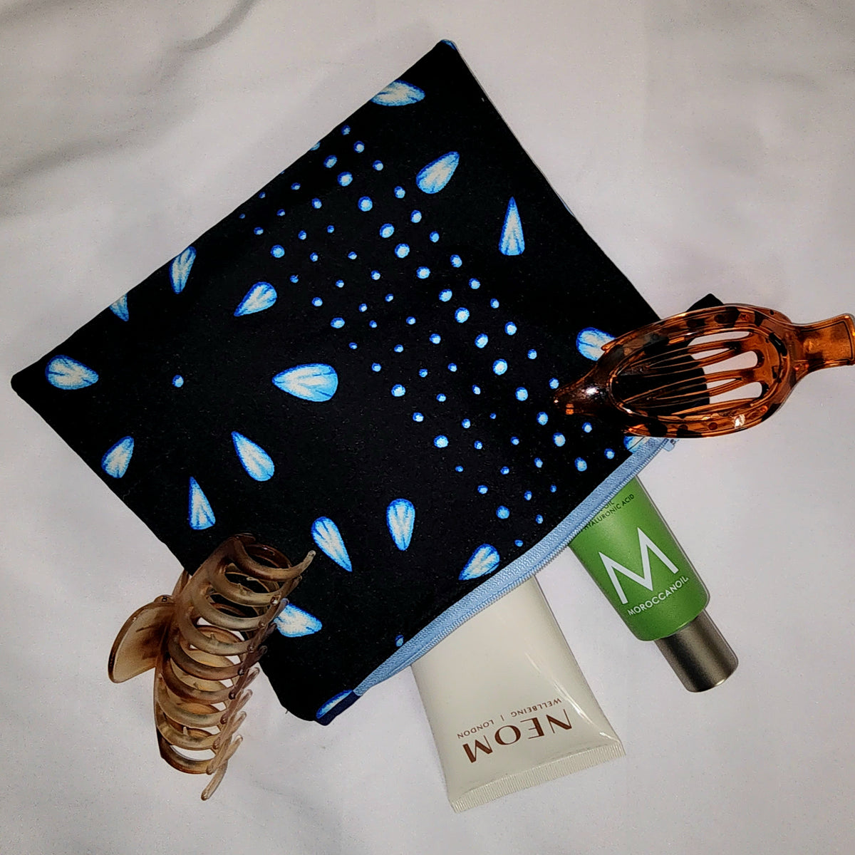 Pouches: African Block Print,  Blue Petal on Black. Zipper Pouch, Fully Lined.  For Travel, Makeup, Toiletries, Crafting