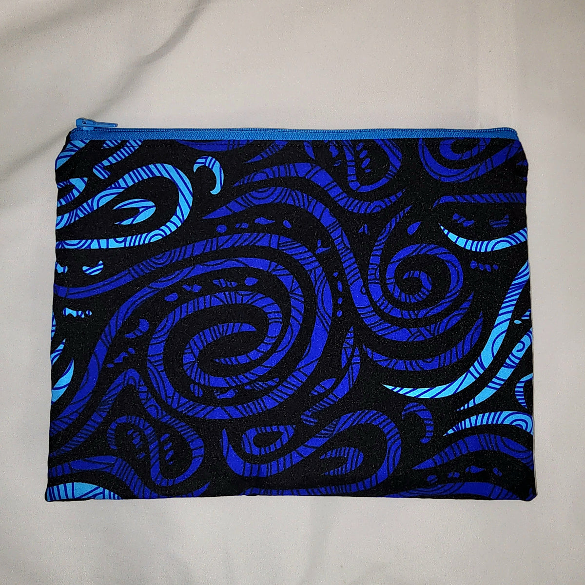 Pouches: African Block Print,  Blue Wind. Zipper Pouch, Fully Lined. For Travel, Makeup, Toiletries, Crafting