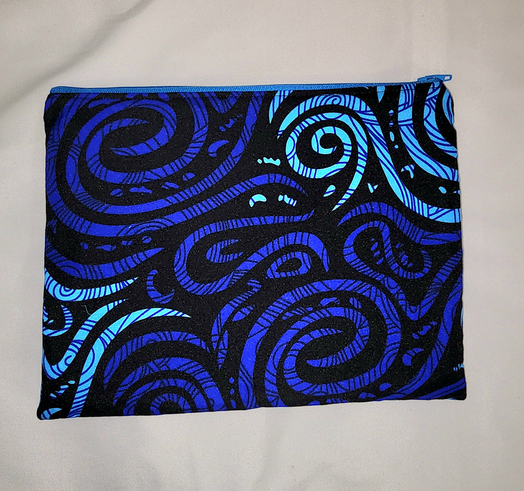 Pouches: African Block Print,  Blue Wind. Zipper Pouch, Fully Lined. For Travel, Makeup, Toiletries, Crafting