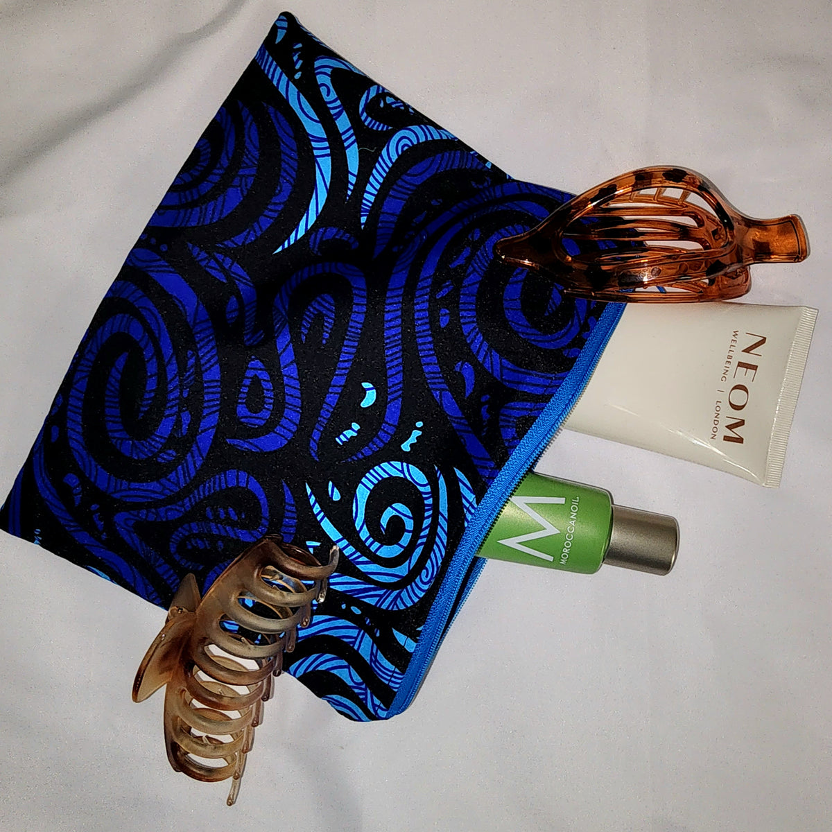 Pouches: African Block Print,  Blue Wind. Zipper Pouch, Fully Lined. For Travel, Makeup, Toiletries, Crafting