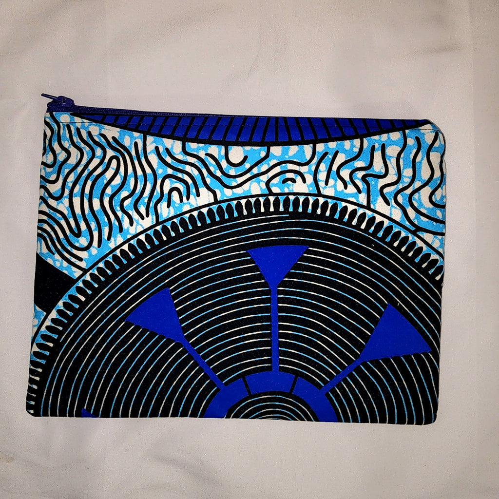 Pouches: African Block Print, Blue and Black Wheel. Zipper Pouch, Fully Lined.  For Travel, Makeup, Toiletries, Crafting