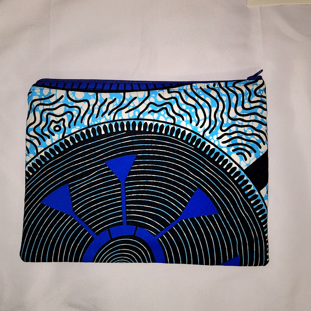Pouches: African Block Print, Blue and Black Wheel. Zipper Pouch, Fully Lined.  For Travel, Makeup, Toiletries, Crafting