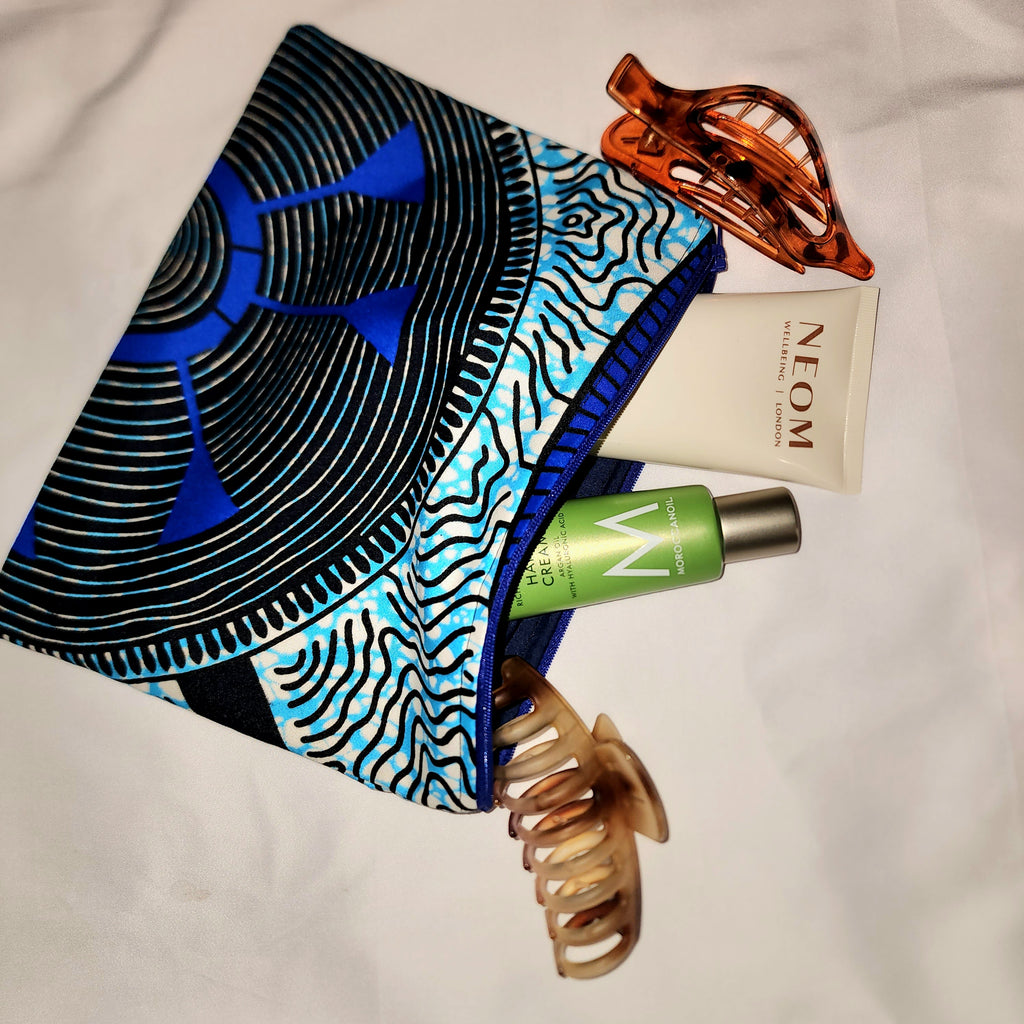 Pouches: African Block Print, Blue and Black Wheel. Zipper Pouch, Fully Lined.  For Travel, Makeup, Toiletries, Crafting