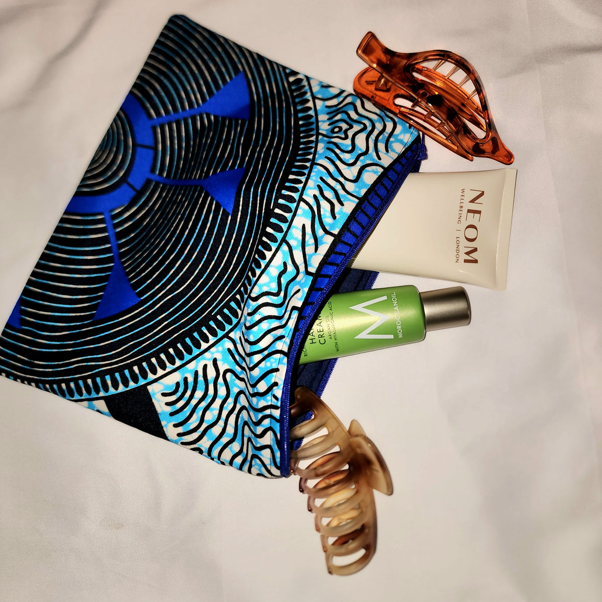 Pouches: African Block Print, Blue and Black Wheel. Zipper Pouch, Fully Lined.  For Travel, Makeup, Toiletries, Crafting