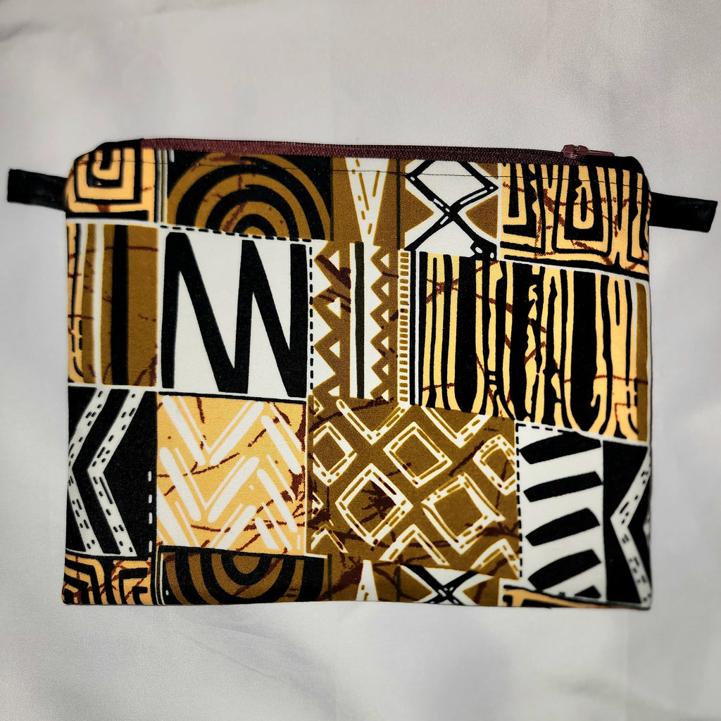 Pouches: African Block Print,  Brown Patchwork. Zipper Pouch, Fully Lined. For Travel, Makeup, Toiletries, Crafting