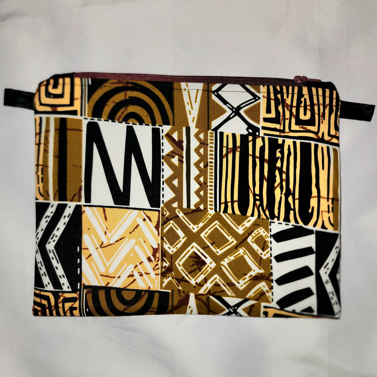 Pouches: African Block Print,  Brown Patchwork. Zipper Pouch, Fully Lined. For Travel, Makeup, Toiletries, Crafting