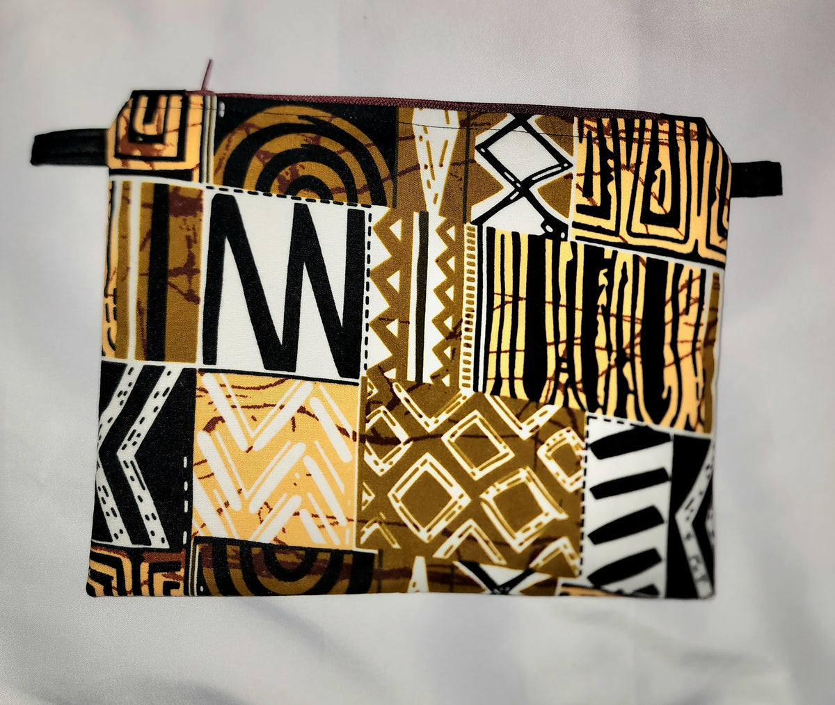 Pouches: African Block Print,  Brown Patchwork. Zipper Pouch, Fully Lined. For Travel, Makeup, Toiletries, Crafting