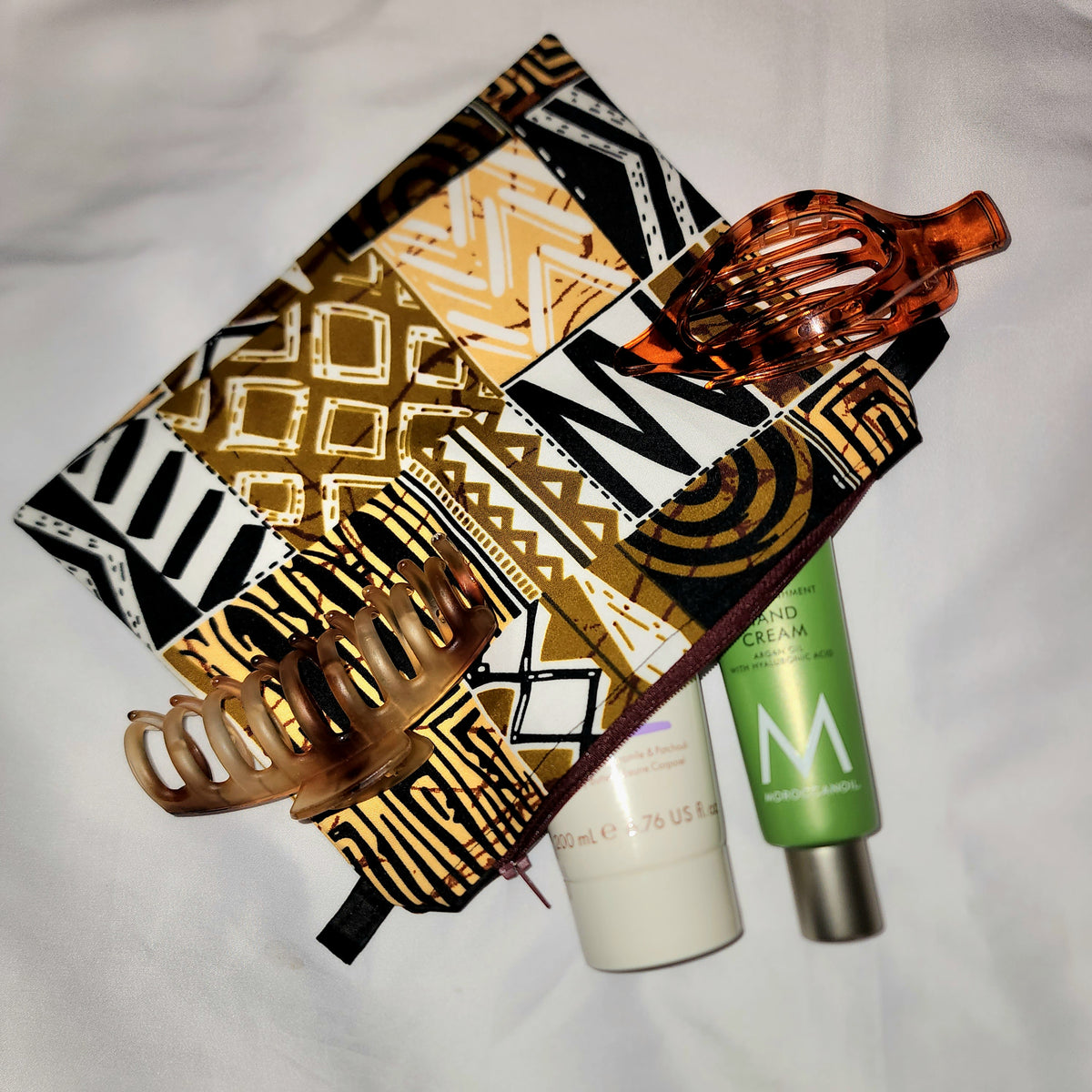 Pouches: African Block Print,  Brown Patchwork. Zipper Pouch, Fully Lined. For Travel, Makeup, Toiletries, Crafting