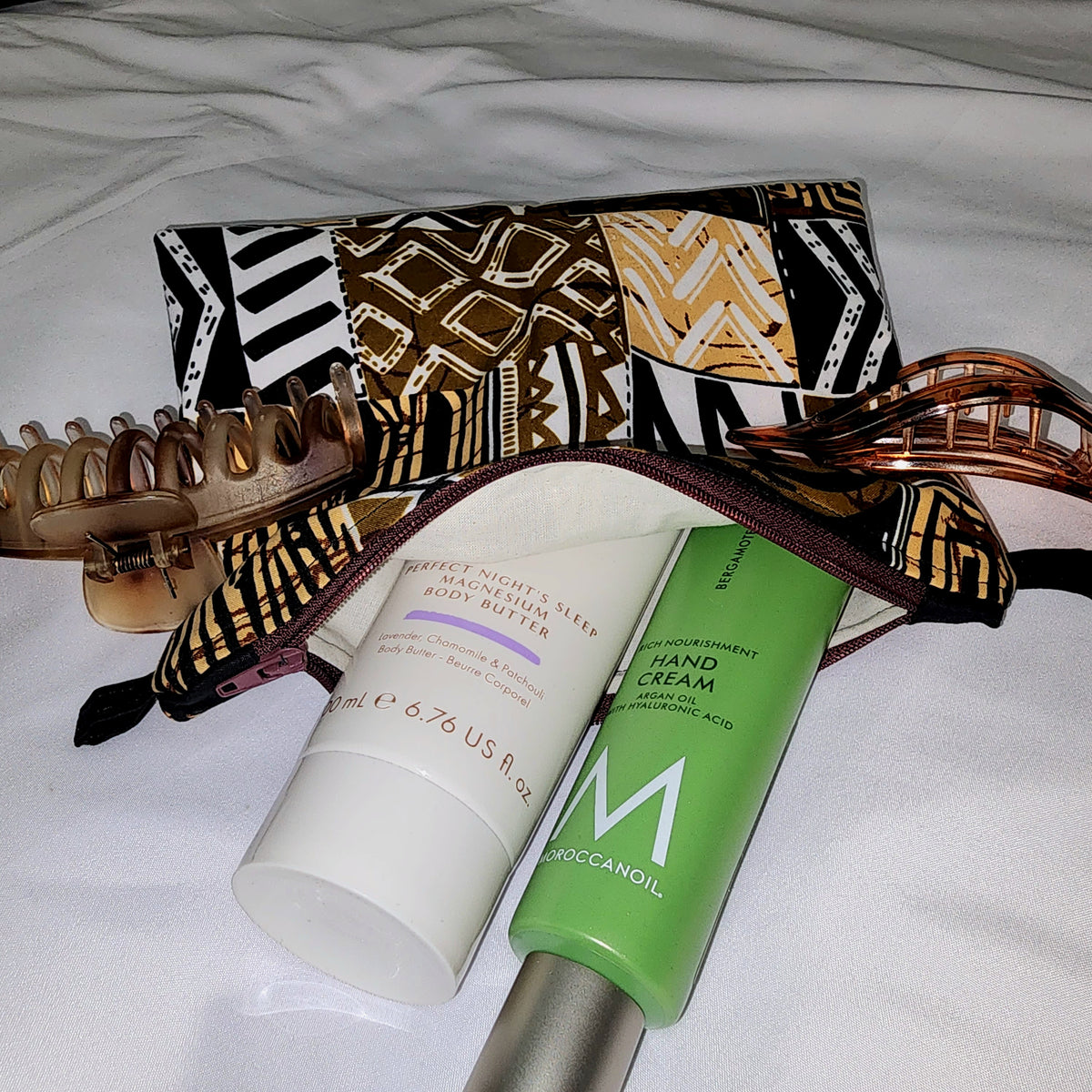 Pouches: African Block Print,  Brown Patchwork. Zipper Pouch, Fully Lined. For Travel, Makeup, Toiletries, Crafting