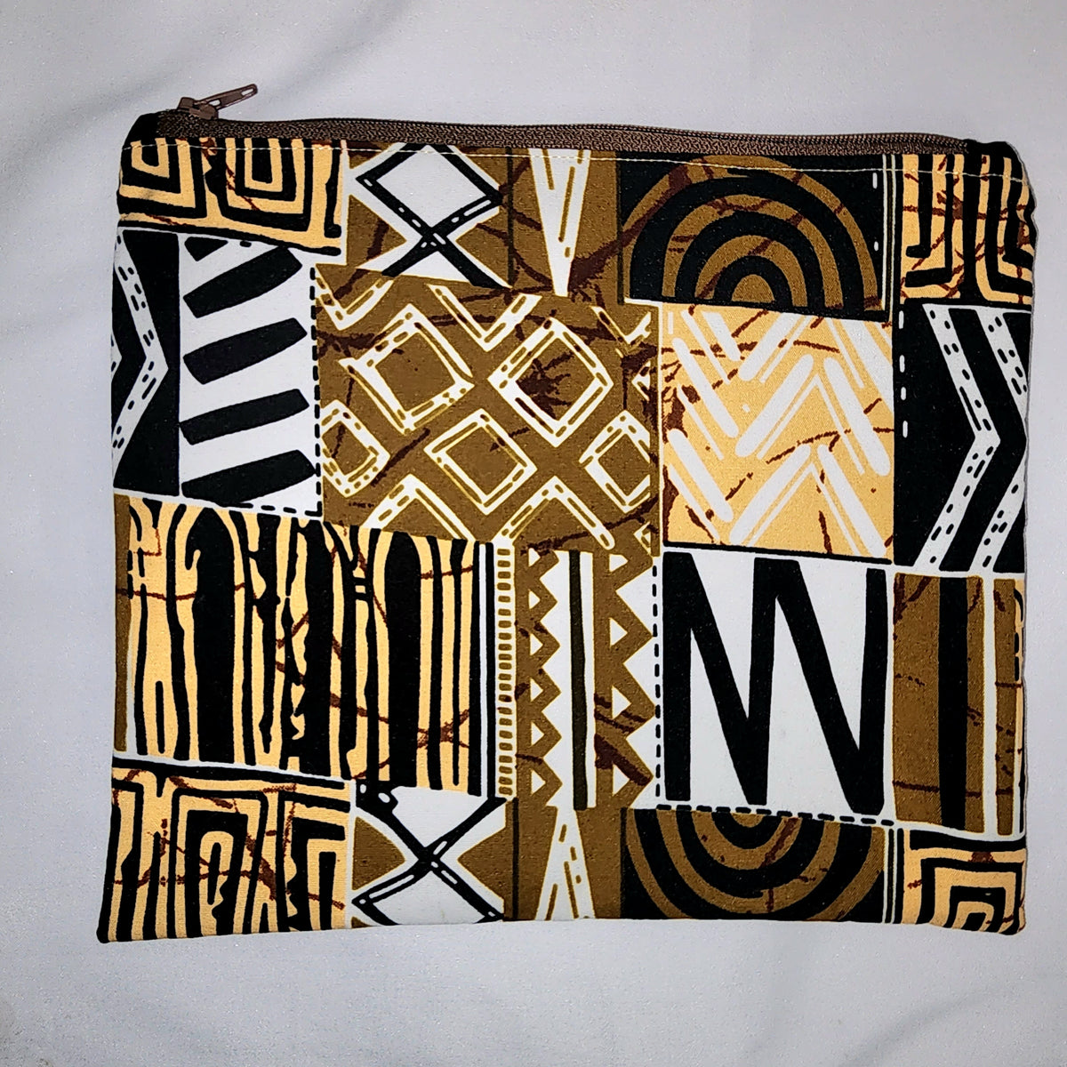 Pouches: African Block Print,  Brown Patchwork. Zipper Pouch, Fully Lined. No Tab.  For Travel, Makeup, Toiletries, Crafting