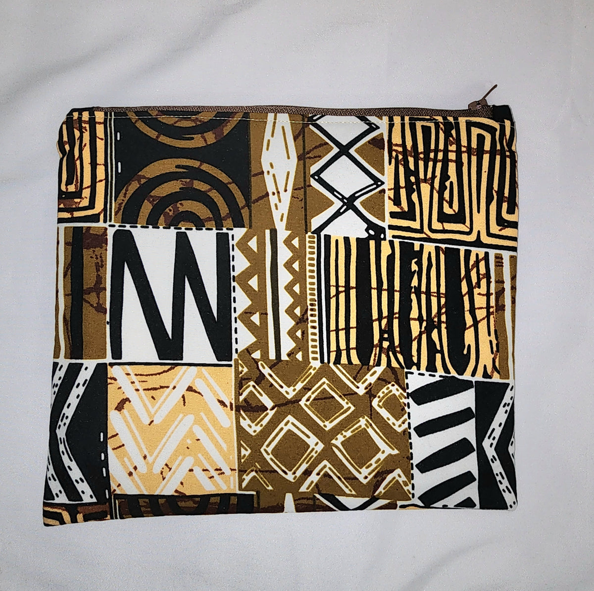 Pouches: African Block Print,  Brown Patchwork. Zipper Pouch, Fully Lined. No Tab.  For Travel, Makeup, Toiletries, Crafting