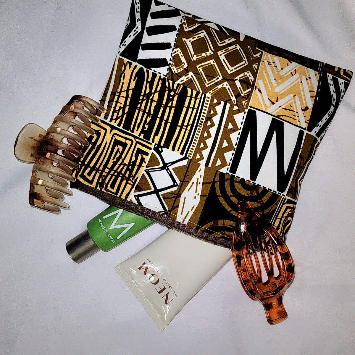 Pouches: African Block Print,  Brown Patchwork. Zipper Pouch, Fully Lined. No Tab.  For Travel, Makeup, Toiletries, Crafting