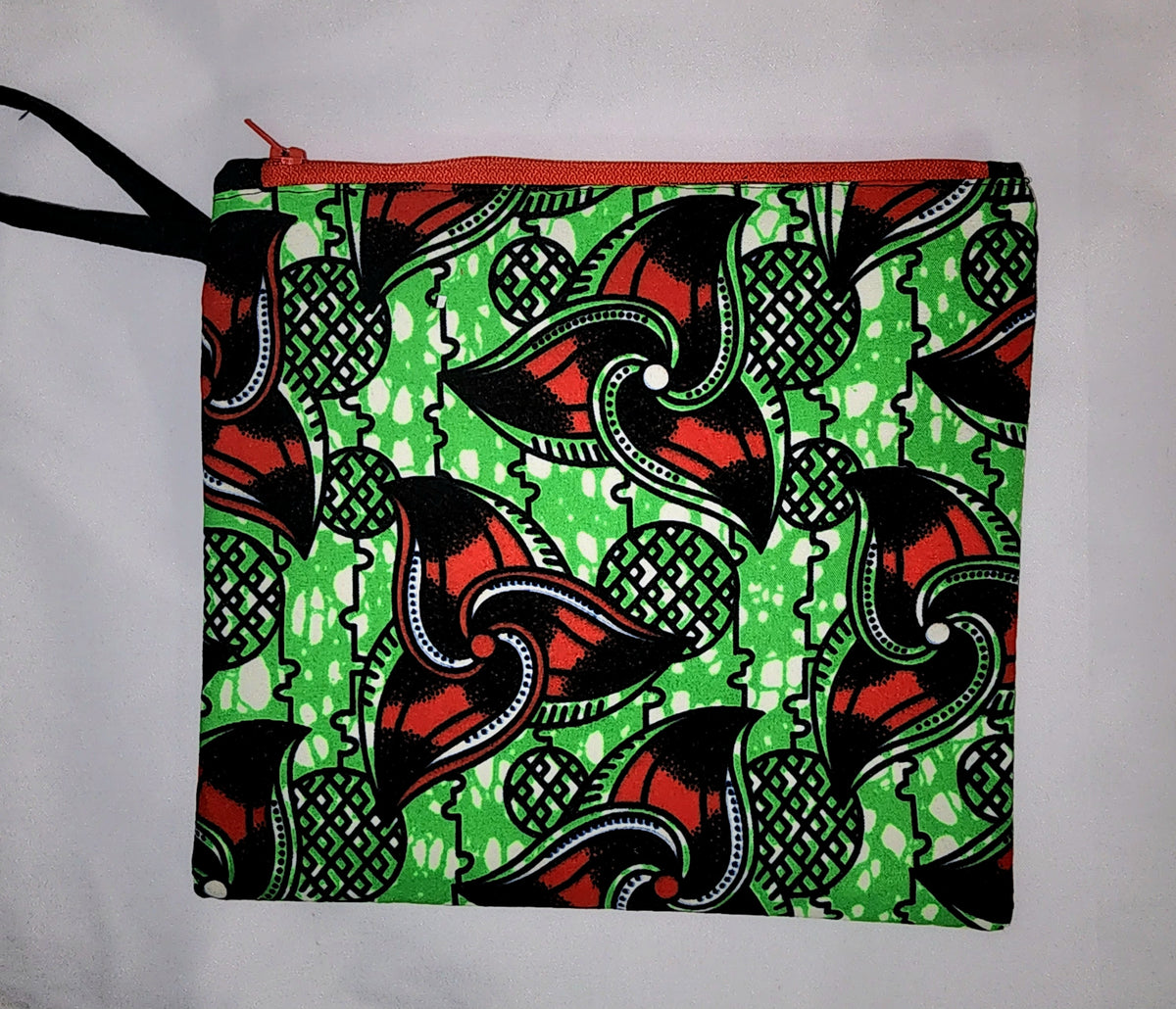 Pouches: African Block Print, Red and Green Klingon. Zipper Pouch, Fully Lined. No Tabs. Strap  For Travel, Makeup, Toiletries, Crafting