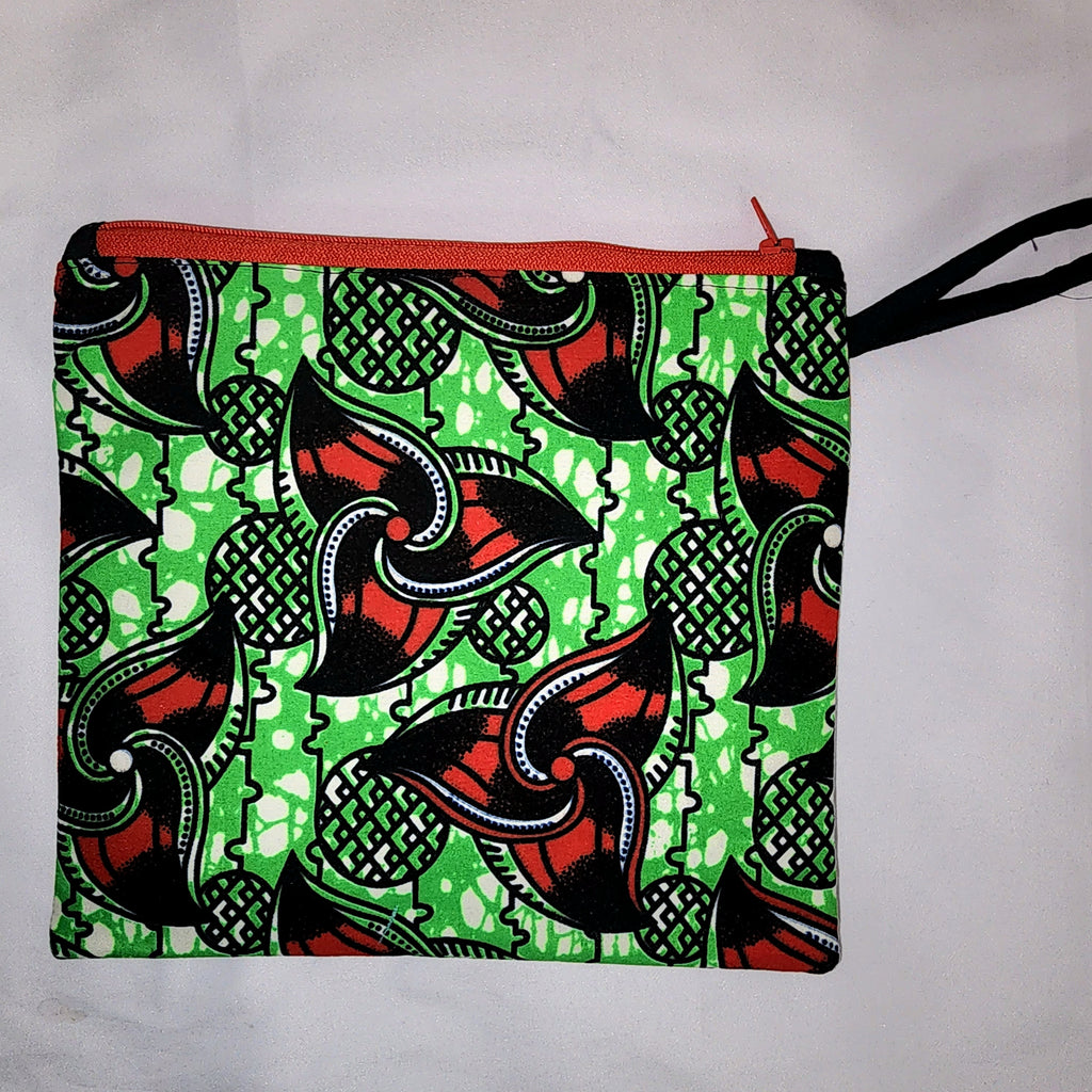 Pouches: African Block Print, Red and Green Klingon. Zipper Pouch, Fully Lined. No Tabs. Strap  For Travel, Makeup, Toiletries, Crafting