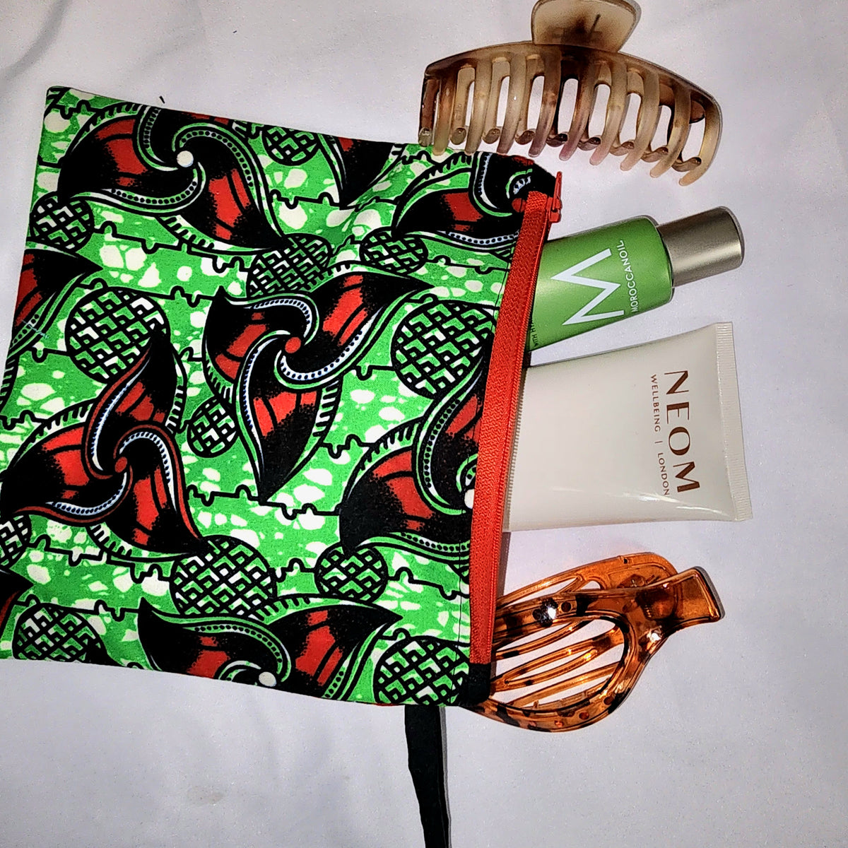 Pouches: African Block Print, Red and Green Klingon. Zipper Pouch, Fully Lined. No Tabs. Strap  For Travel, Makeup, Toiletries, Crafting