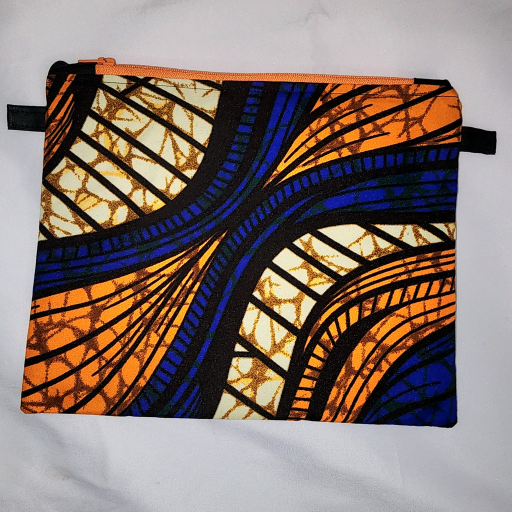 Pouches: African Block Print,  Orange and Blue. Zipper Pouch, Fully Lined.  For Travel, Makeup, Toiletries, Crafting (Copy)