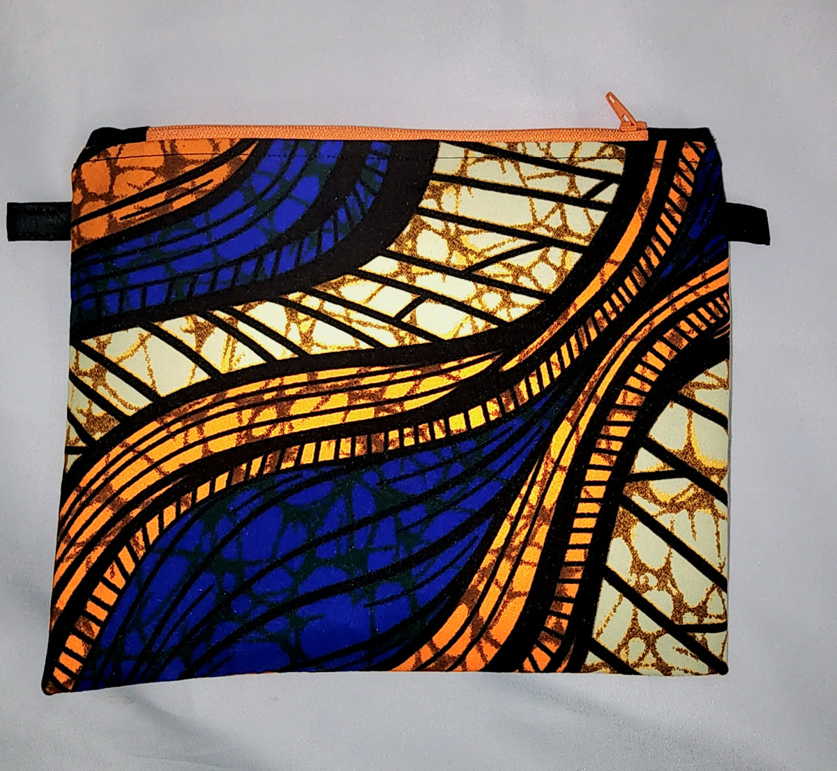 Pouches: African Block Print,  Orange and Blue. Zipper Pouch, Fully Lined.  For Travel, Makeup, Toiletries, Crafting (Copy)