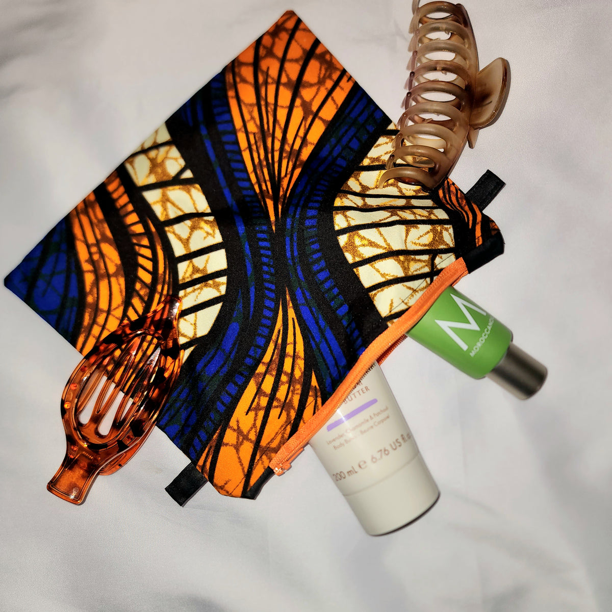 Pouches: African Block Print,  Orange and Blue. Zipper Pouch, Fully Lined.  For Travel, Makeup, Toiletries, Crafting (Copy)