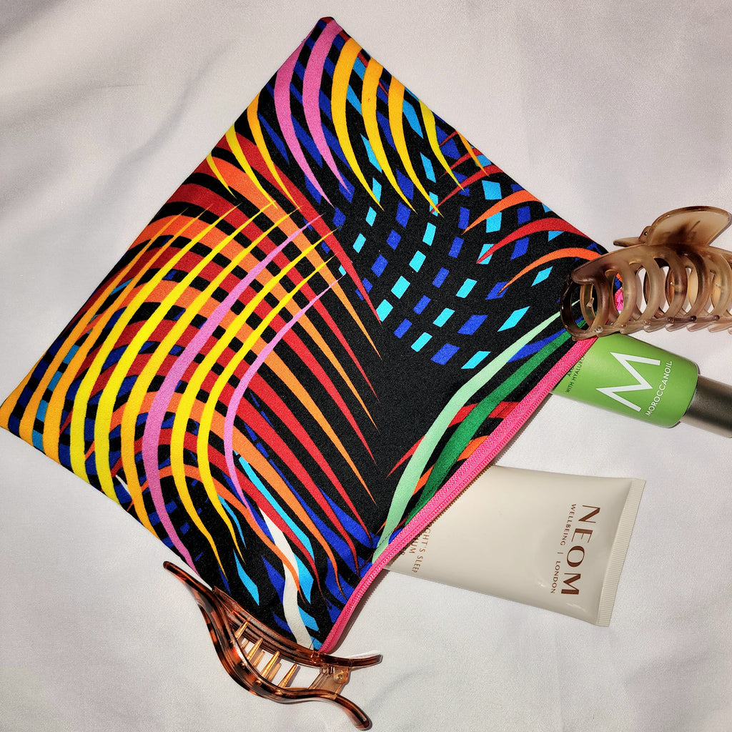 Pouches: African Block Print,  Rainbow. Zipper Pouch, Fully Lined. For Travel, Makeup, Toiletries, Crafting