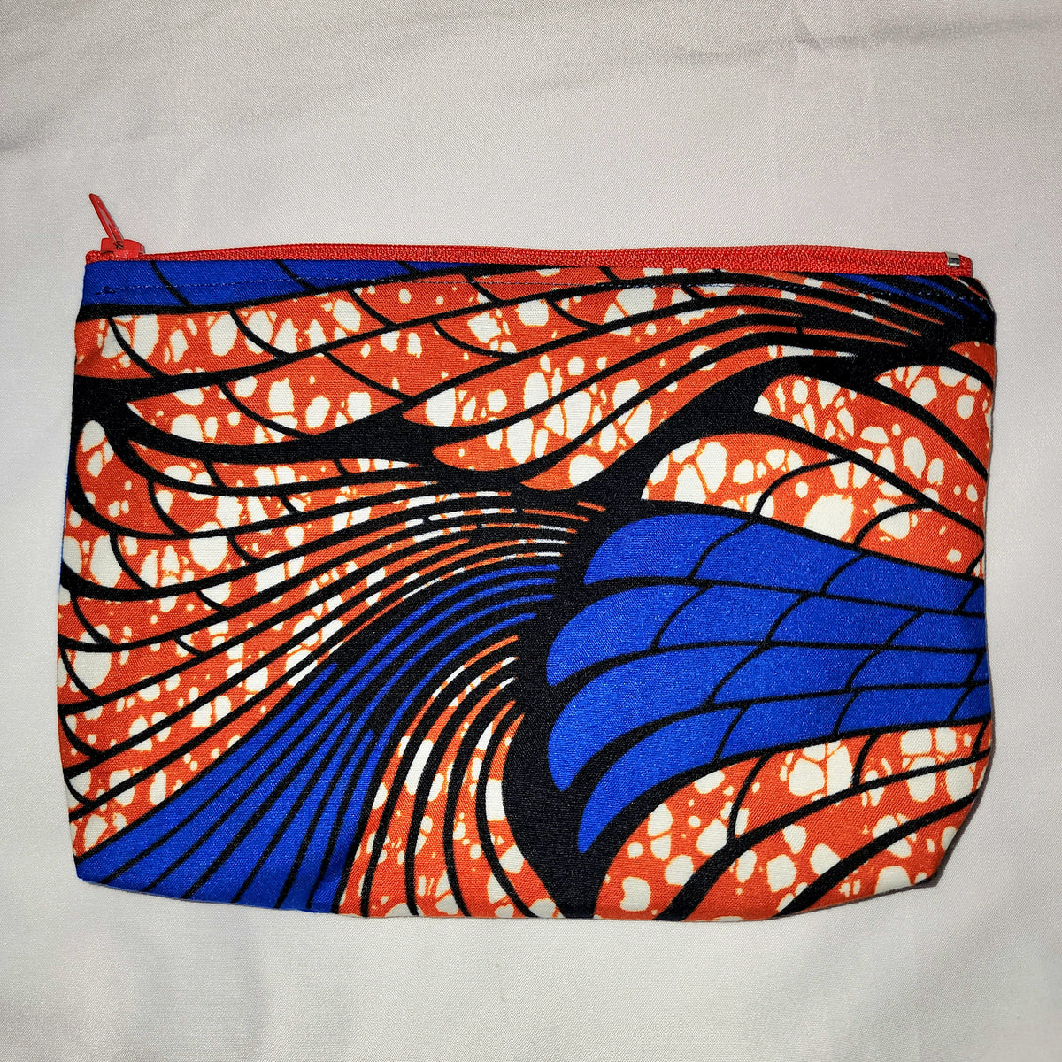 Pouches: African Block Print, Blue and Red Wing (m). Zipper Pouch, Fully Lined. No Tabs.  For Travel, Makeup, Toiletries, Crafting