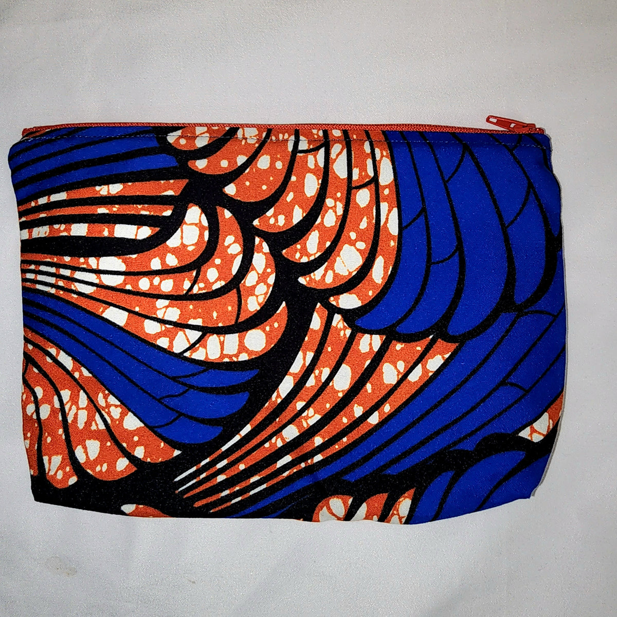 Pouches: African Block Print, Blue and Red Wing (m). Zipper Pouch, Fully Lined. No Tabs.  For Travel, Makeup, Toiletries, Crafting